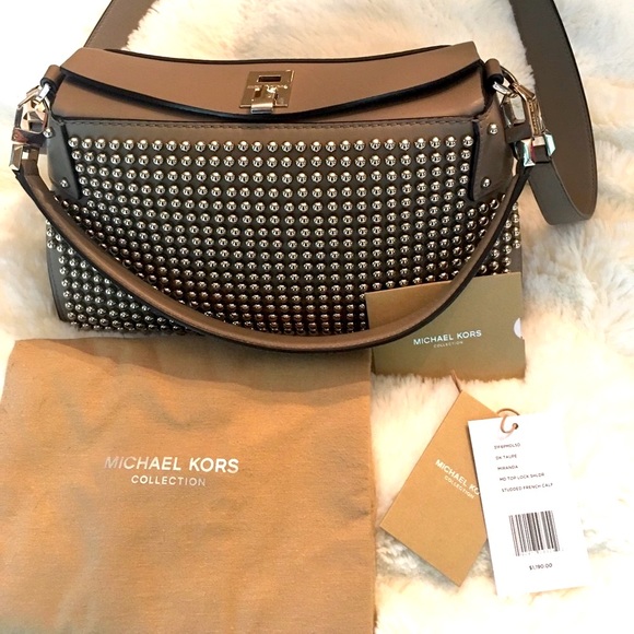 Luxury Michel Kors Taupe Miranda Studded French Calf Leather bag Like New - Picture 2 of 12